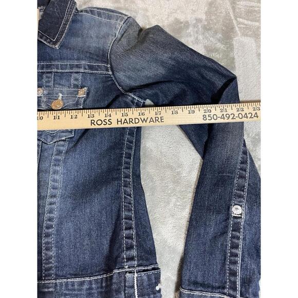TRUE RELIGION Denim Trucker Jacket Blue Denim Jean Snap Button Sz XS Woman Logo - Picture 7 of 16